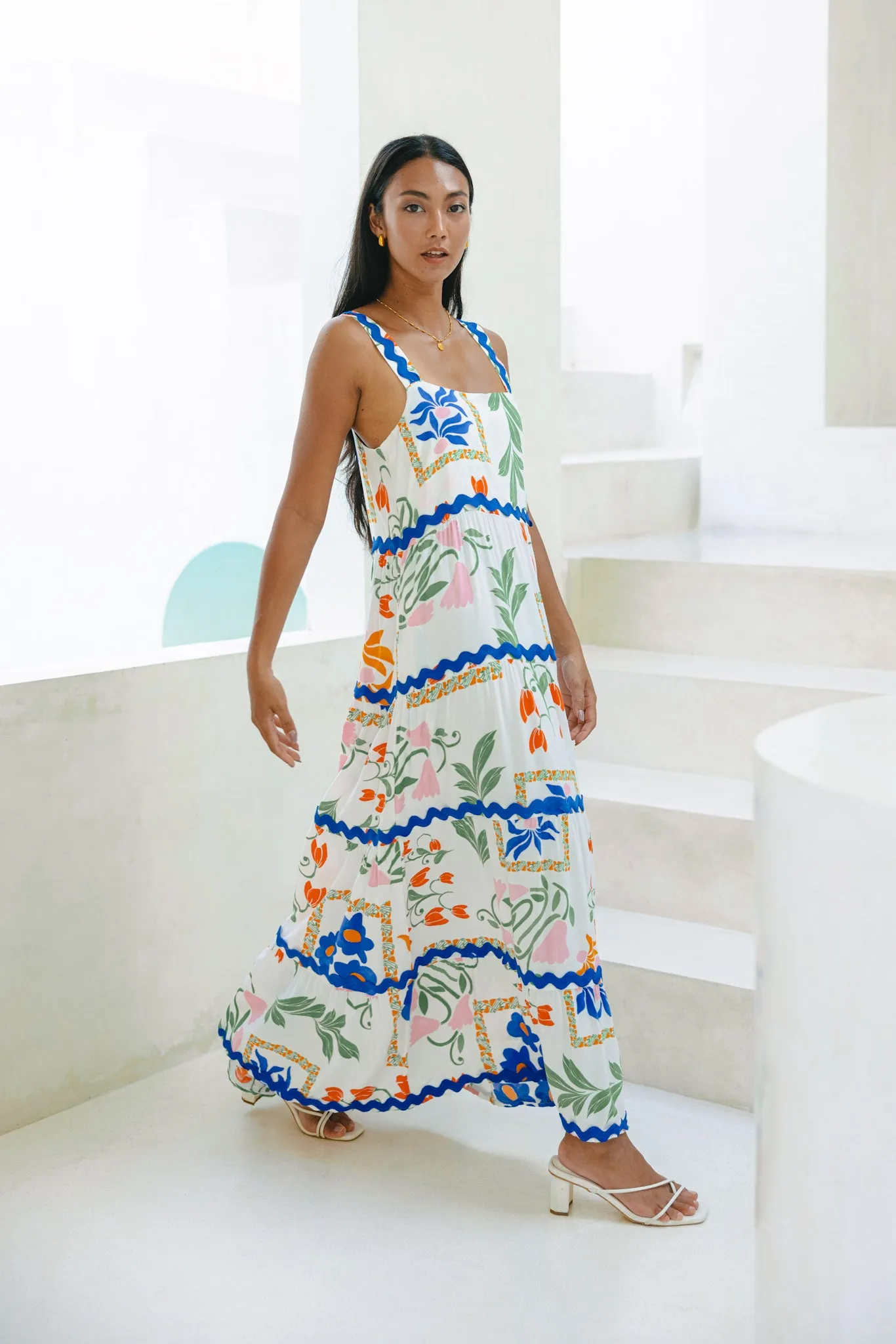 Calantha Multicolour Floral Ric Rac Tiered Maxi Dress