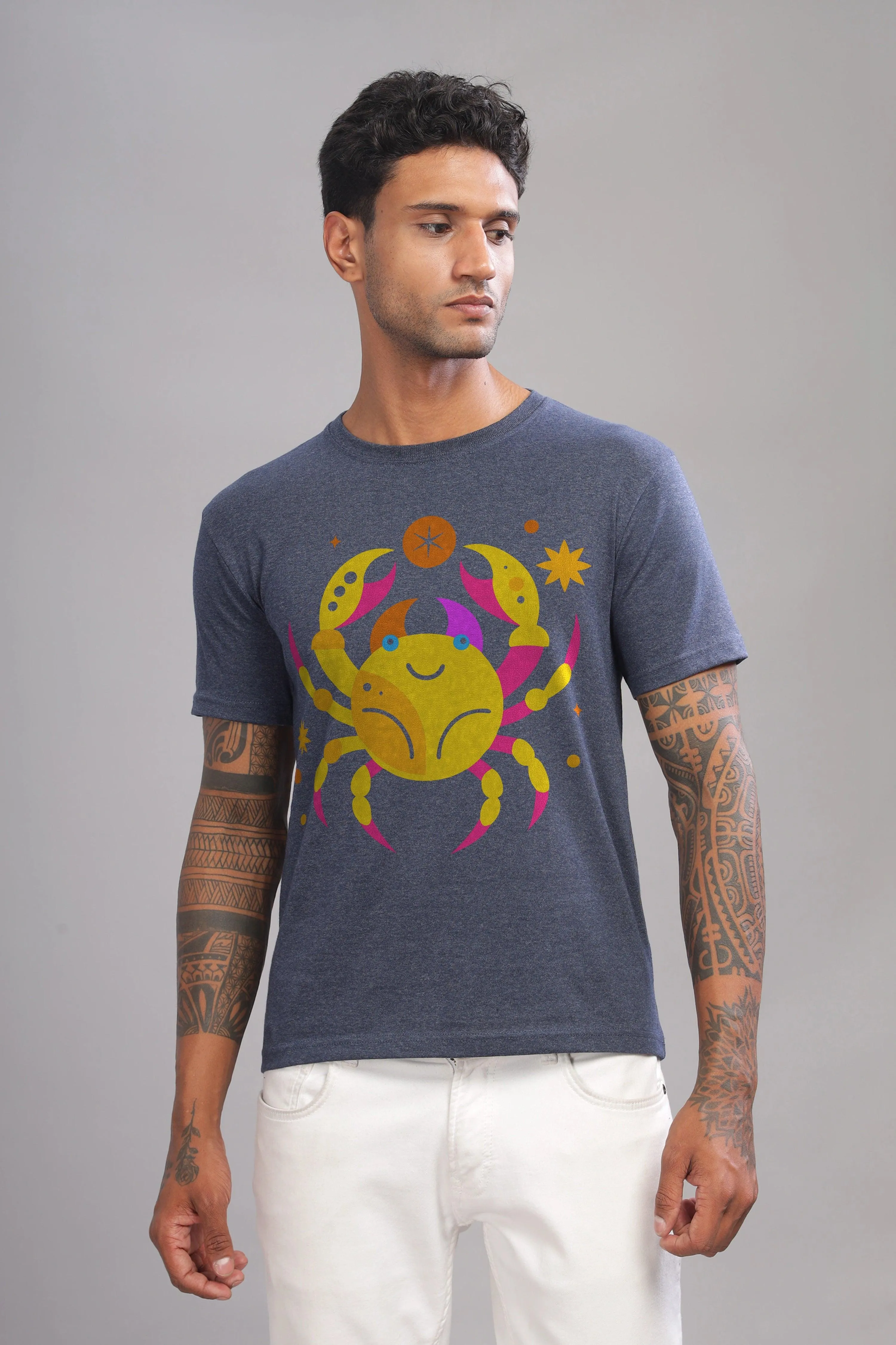 Cancer Club Denim Blue Half Sleeve Printed Round Neck T-Shirt