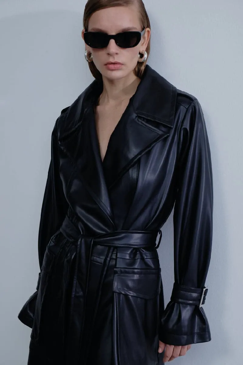 CECILE NOIR VEGAN LEATHER TRENCH COAT