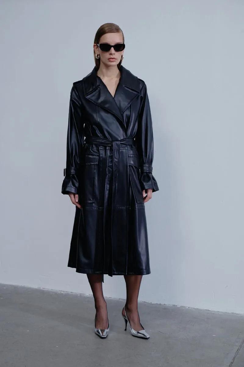 CECILE NOIR VEGAN LEATHER TRENCH COAT