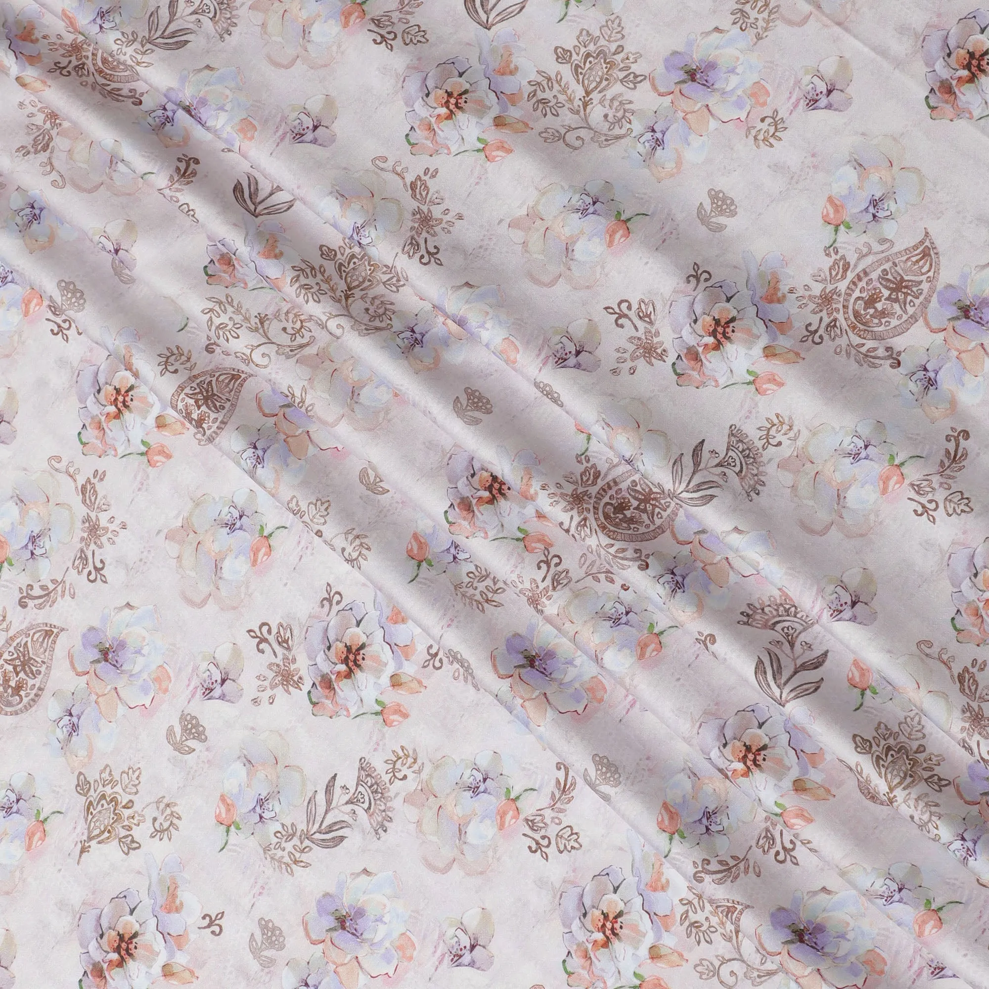 Classic Cream with Pastel Paisley Cotton Satin Fabric, 110 cm Width-20075