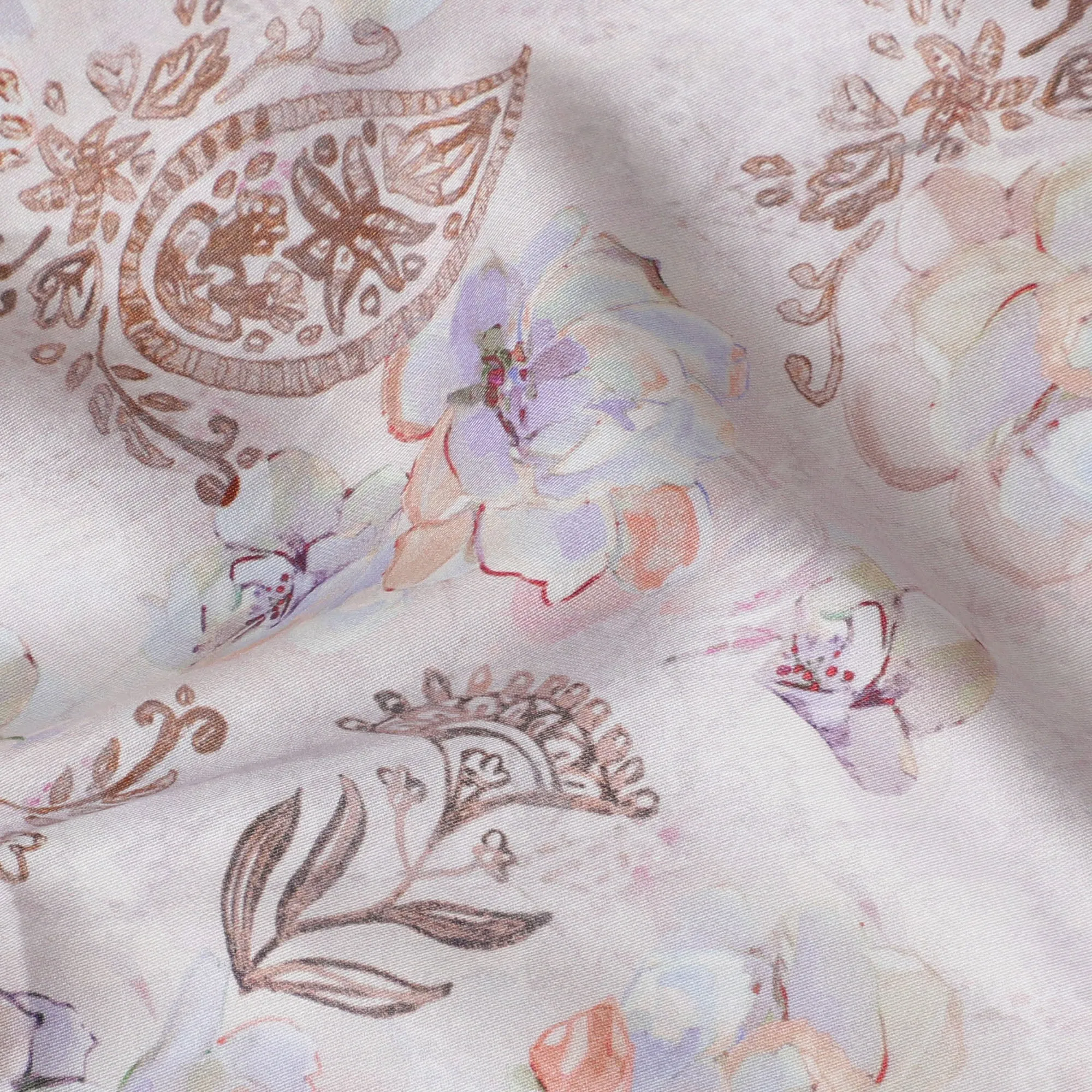 Classic Cream with Pastel Paisley Cotton Satin Fabric, 110 cm Width-20075