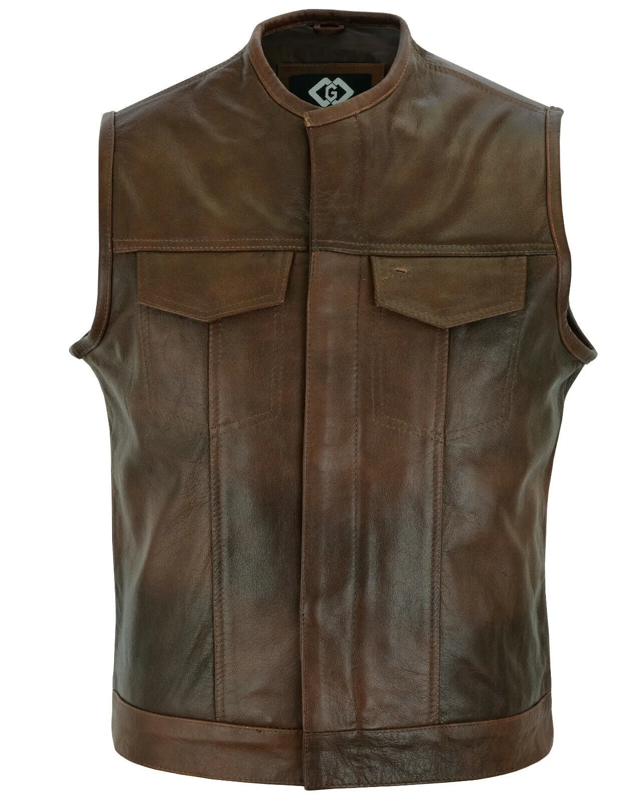 Collarless  Brown Mens Vest Waistcoat Gilet Biker Motorcycle Leather