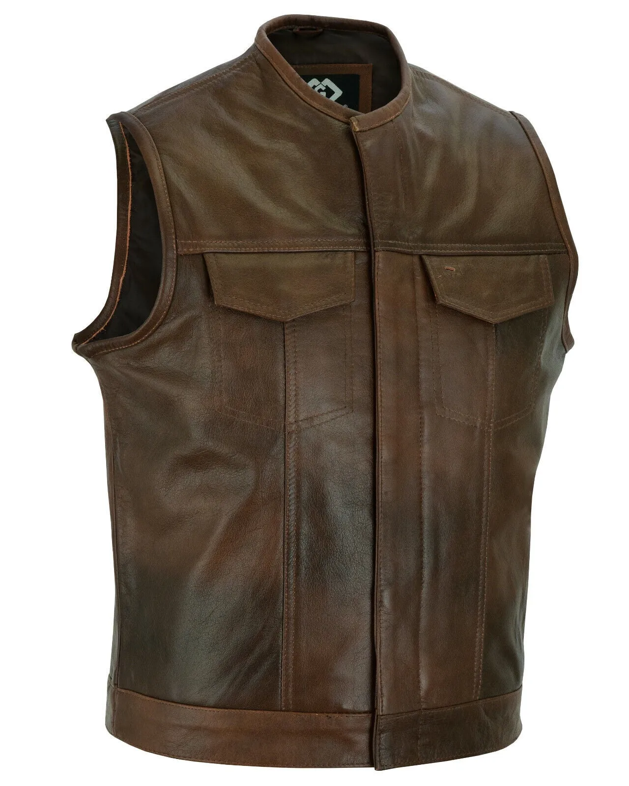 Collarless  Brown Mens Vest Waistcoat Gilet Biker Motorcycle Leather