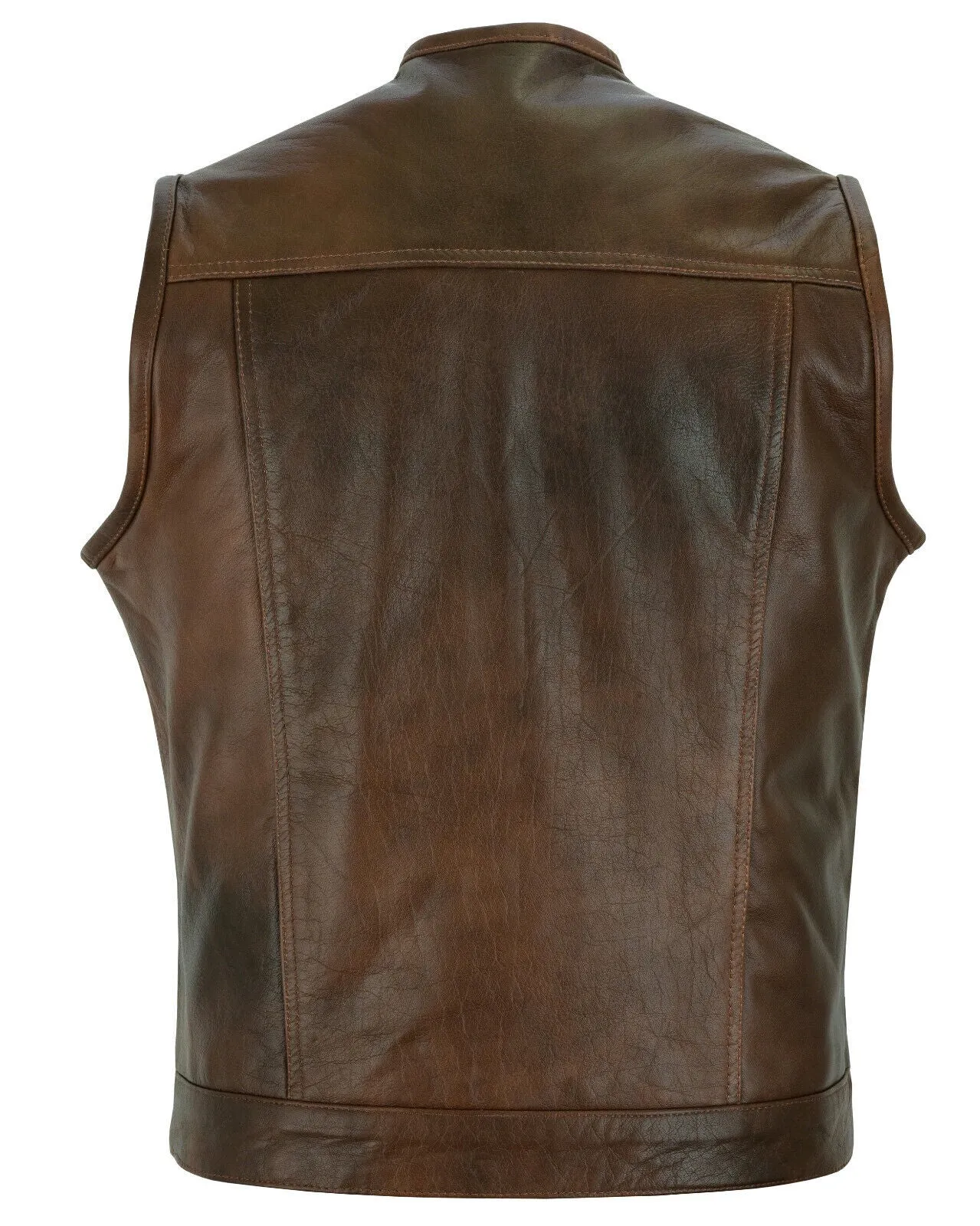 Collarless  Brown Mens Vest Waistcoat Gilet Biker Motorcycle Leather