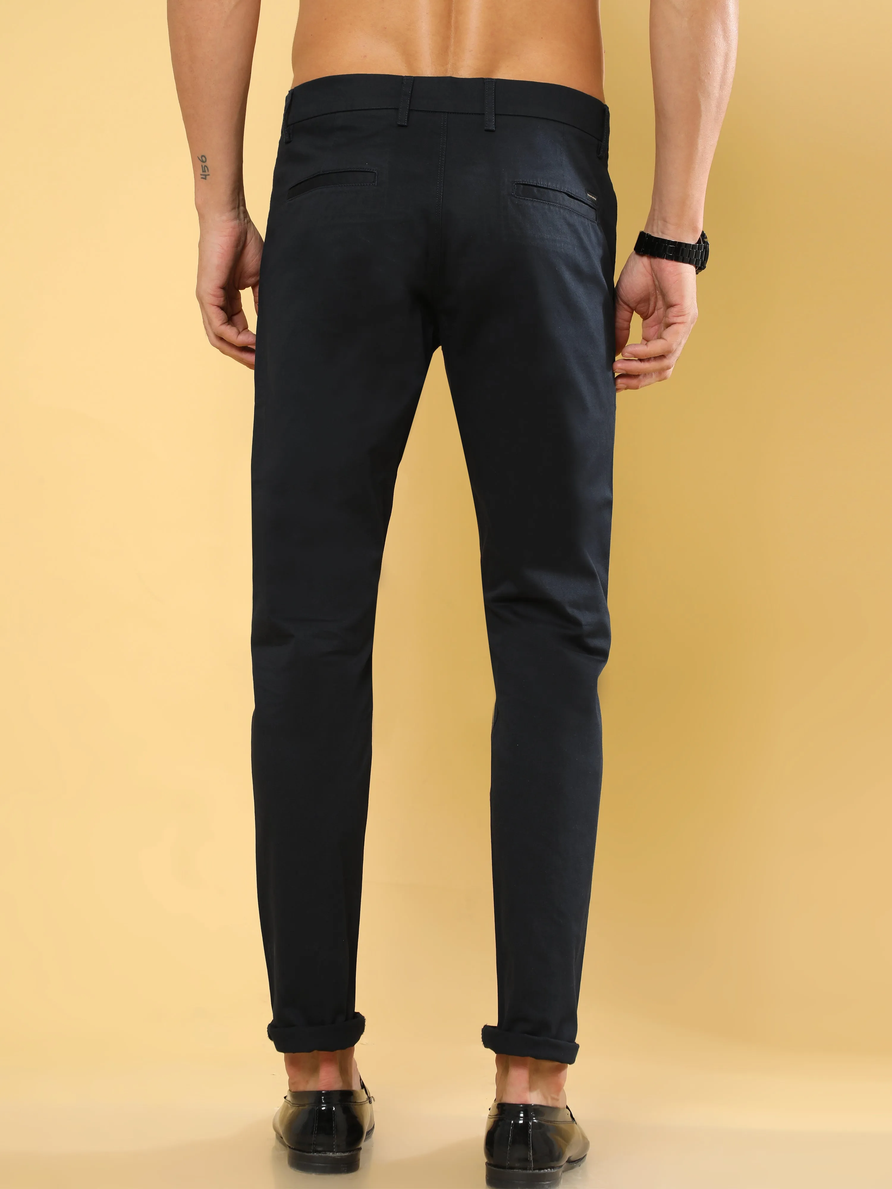 Cotton Dobby Navy Lycra Chino