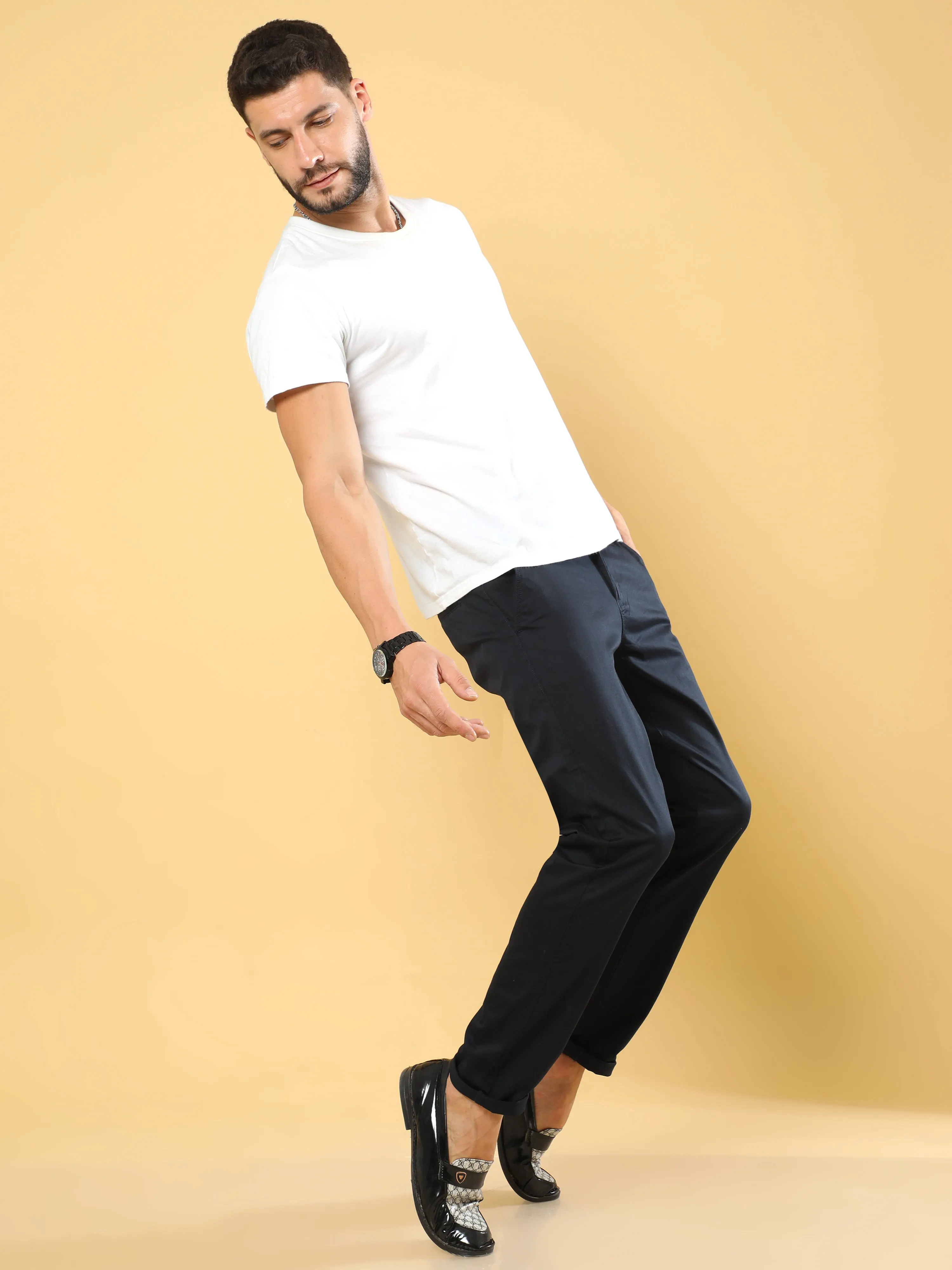 Cotton Dobby Navy Lycra Chino