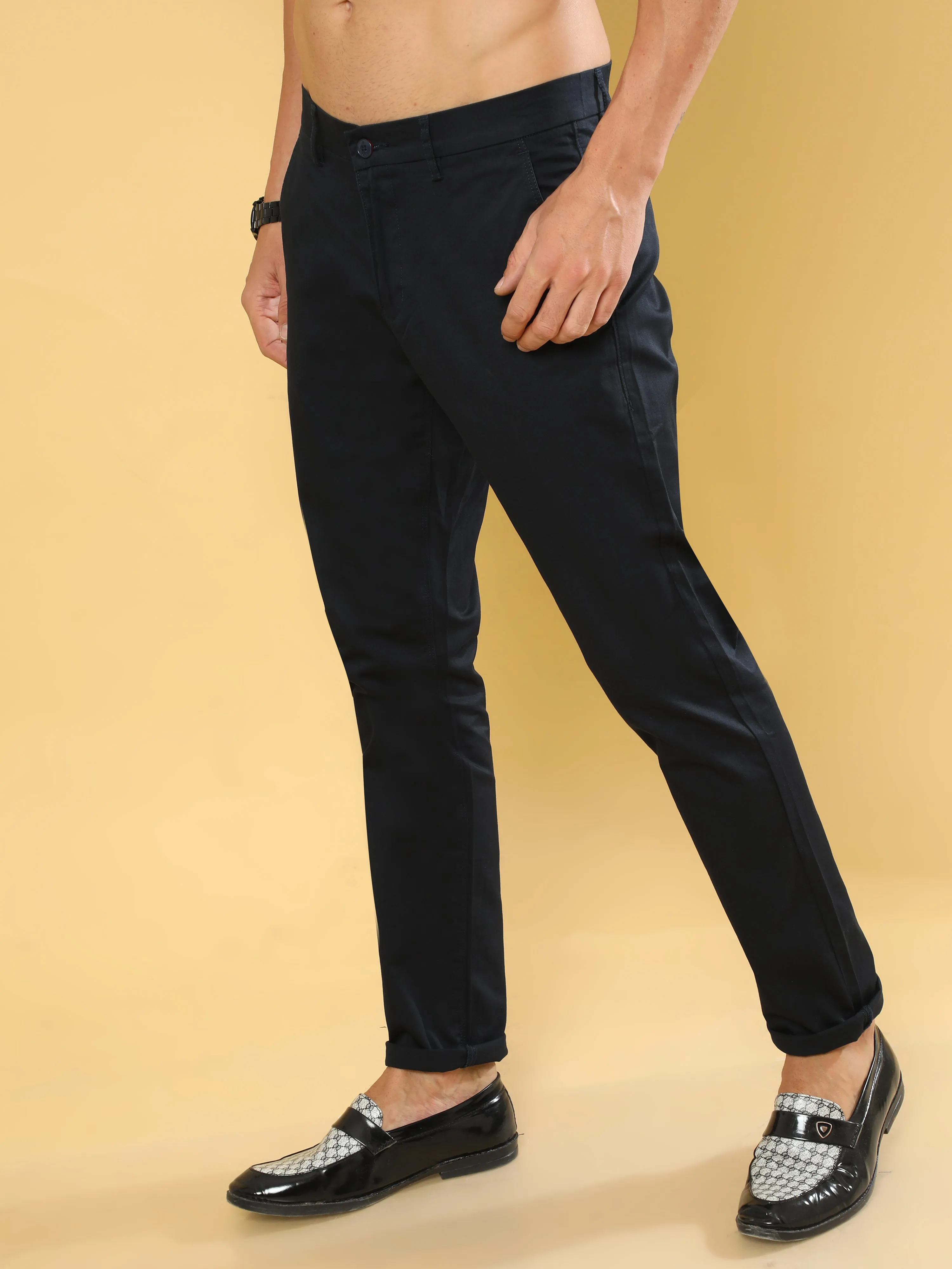 Cotton Dobby Navy Lycra Chino