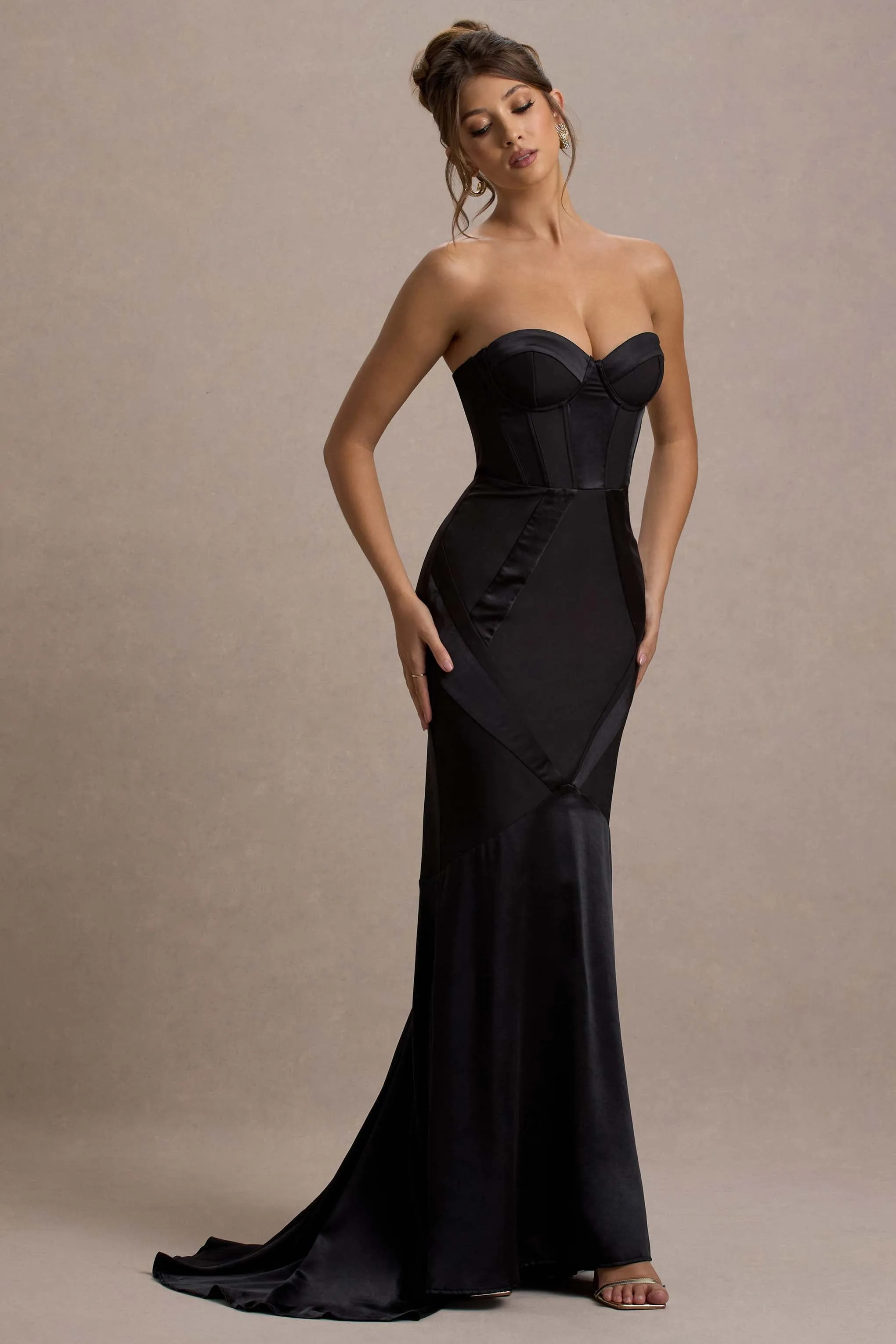 Custom | Black Satin Sweetheart Corset Fishtail Maxi Dress