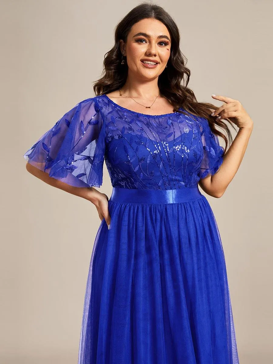Custom Size Women's A-Line Sequin Leaf Maxi Evening Dress with Sleeves