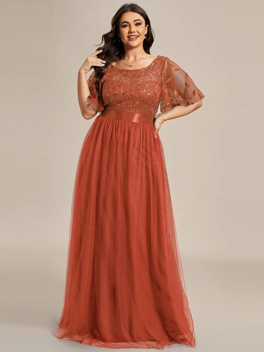 Custom Size Women's A-Line Sequin Leaf Maxi Evening Dress with Sleeves