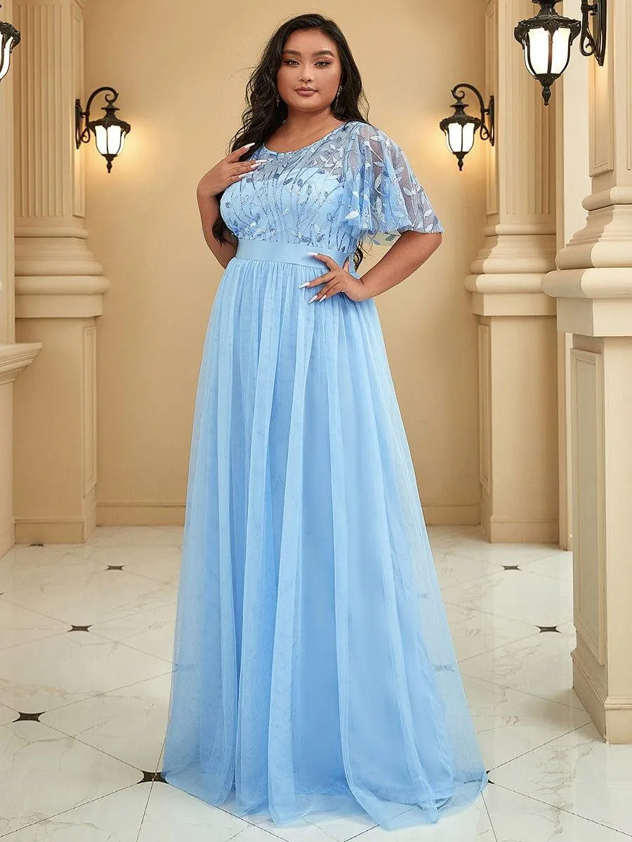 Custom Size Women's A-Line Sequin Leaf Maxi Evening Dress with Sleeves