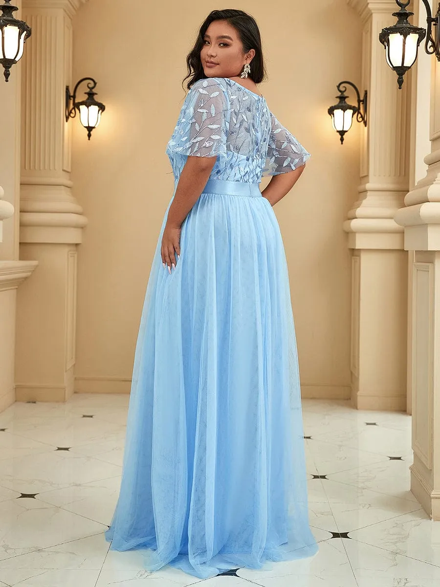 Custom Size Women's A-Line Sequin Leaf Maxi Evening Dress with Sleeves