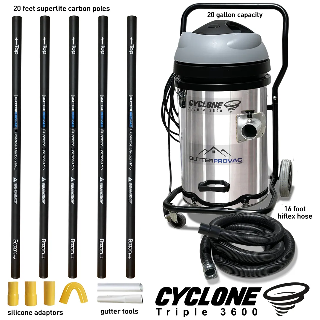 Cyclone Triple 3600 20 Gallon Gutter Vacuum and 20 Foot Carbon Gutter Poles Kit