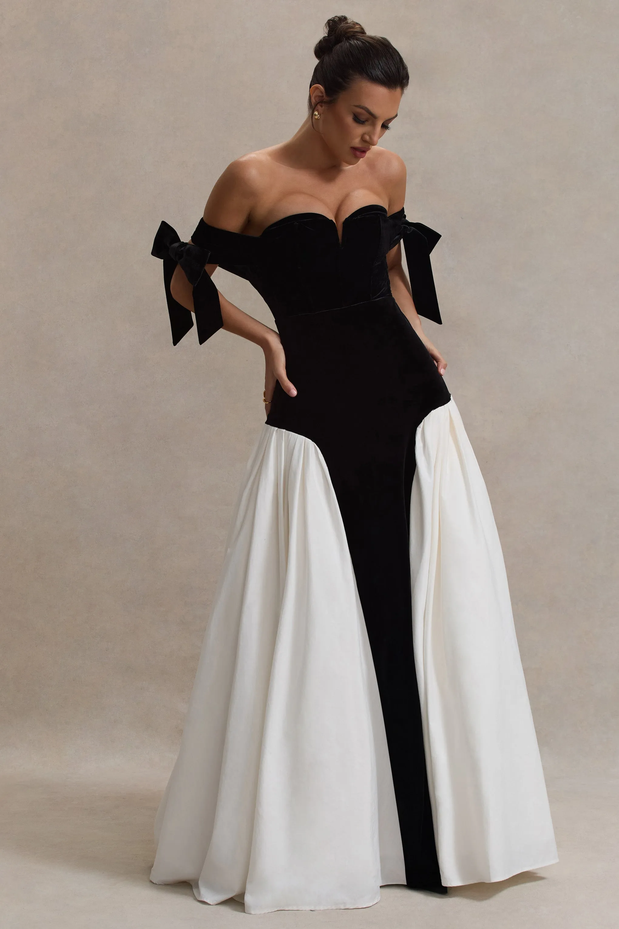 Cyndi | Black & Cream Velvet Bardot Maxi Dress With Volume Skirt