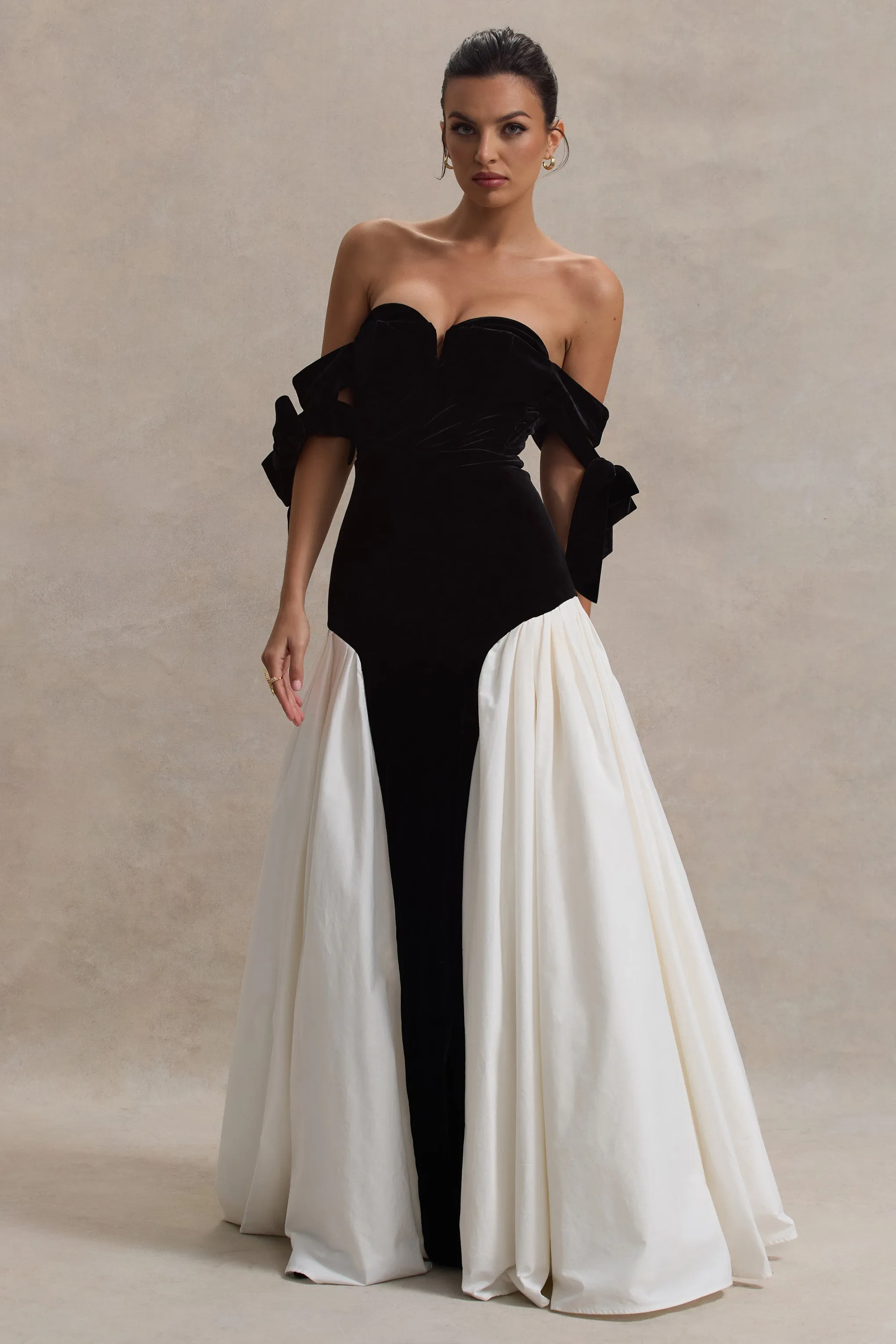 Cyndi | Black & Cream Velvet Bardot Maxi Dress With Volume Skirt