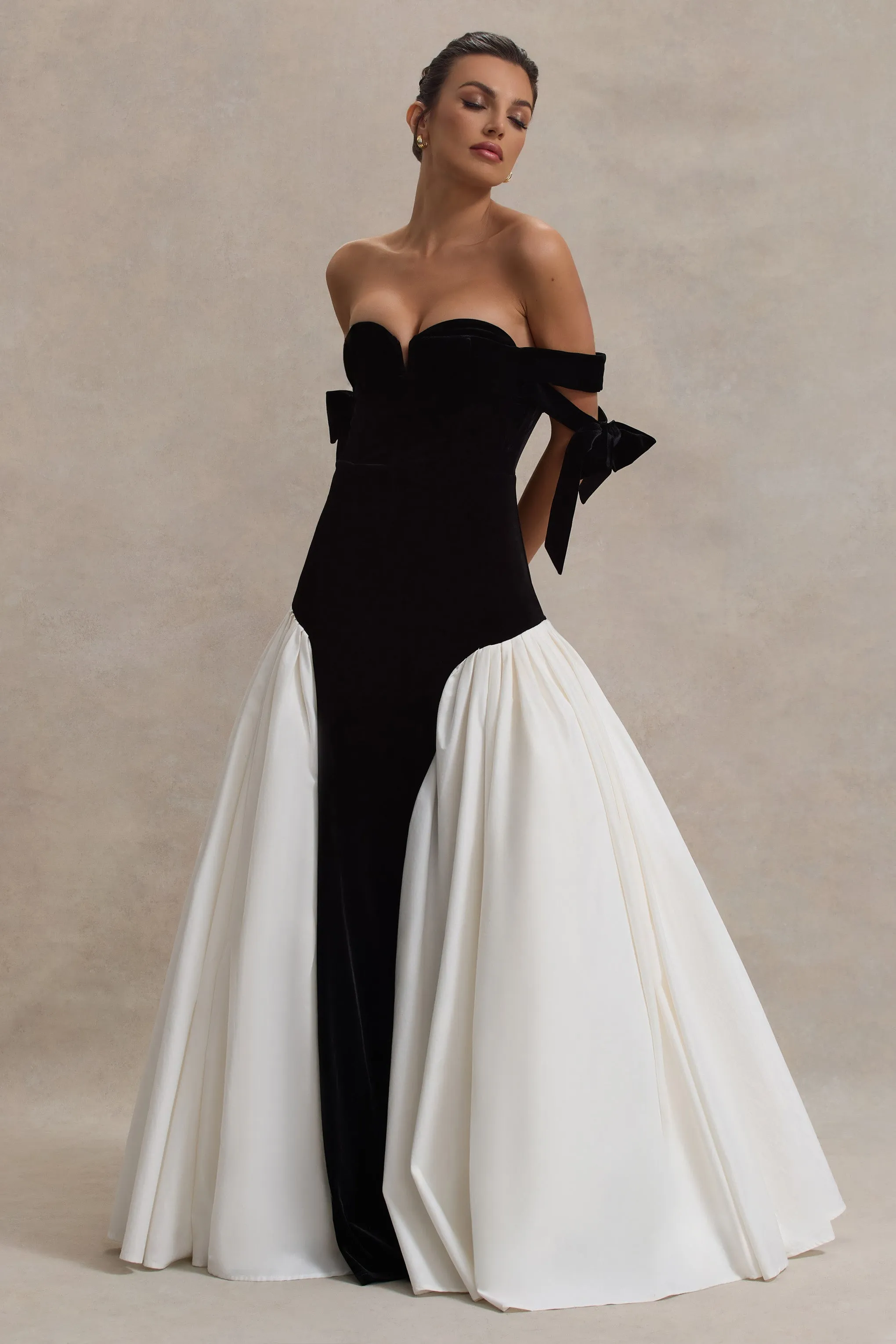 Cyndi | Black & Cream Velvet Bardot Maxi Dress With Volume Skirt