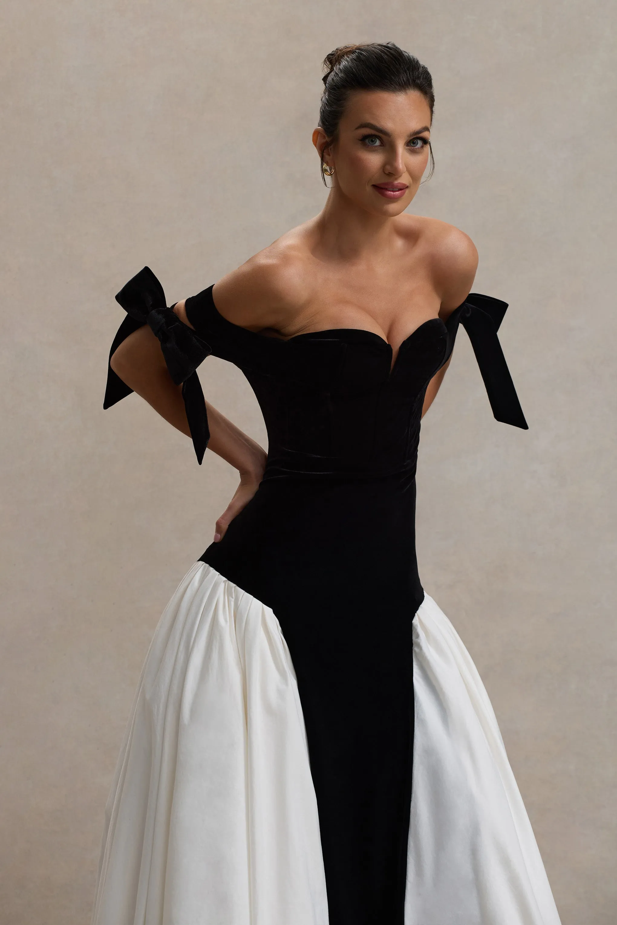 Cyndi | Black & Cream Velvet Bardot Maxi Dress With Volume Skirt