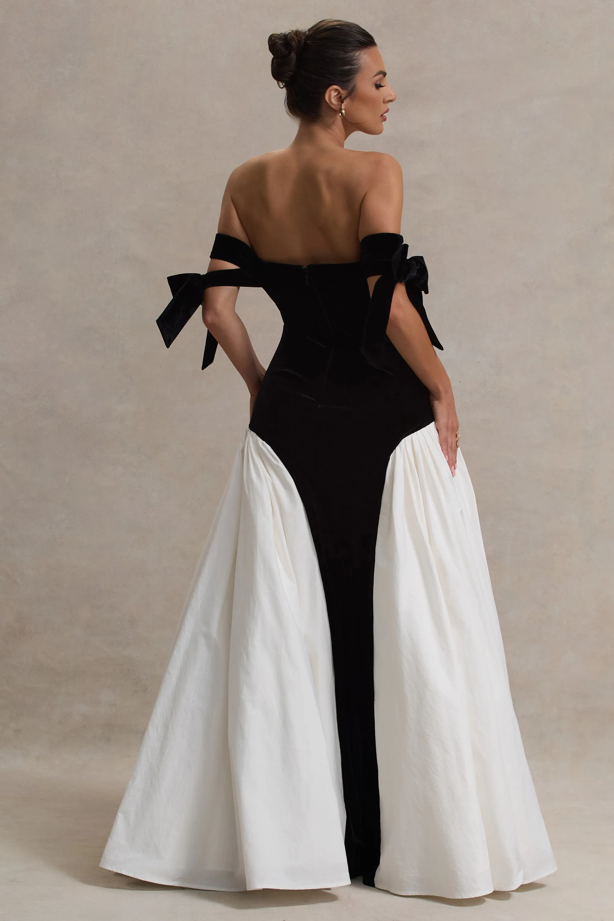 Cyndi | Black & Cream Velvet Bardot Maxi Dress With Volume Skirt