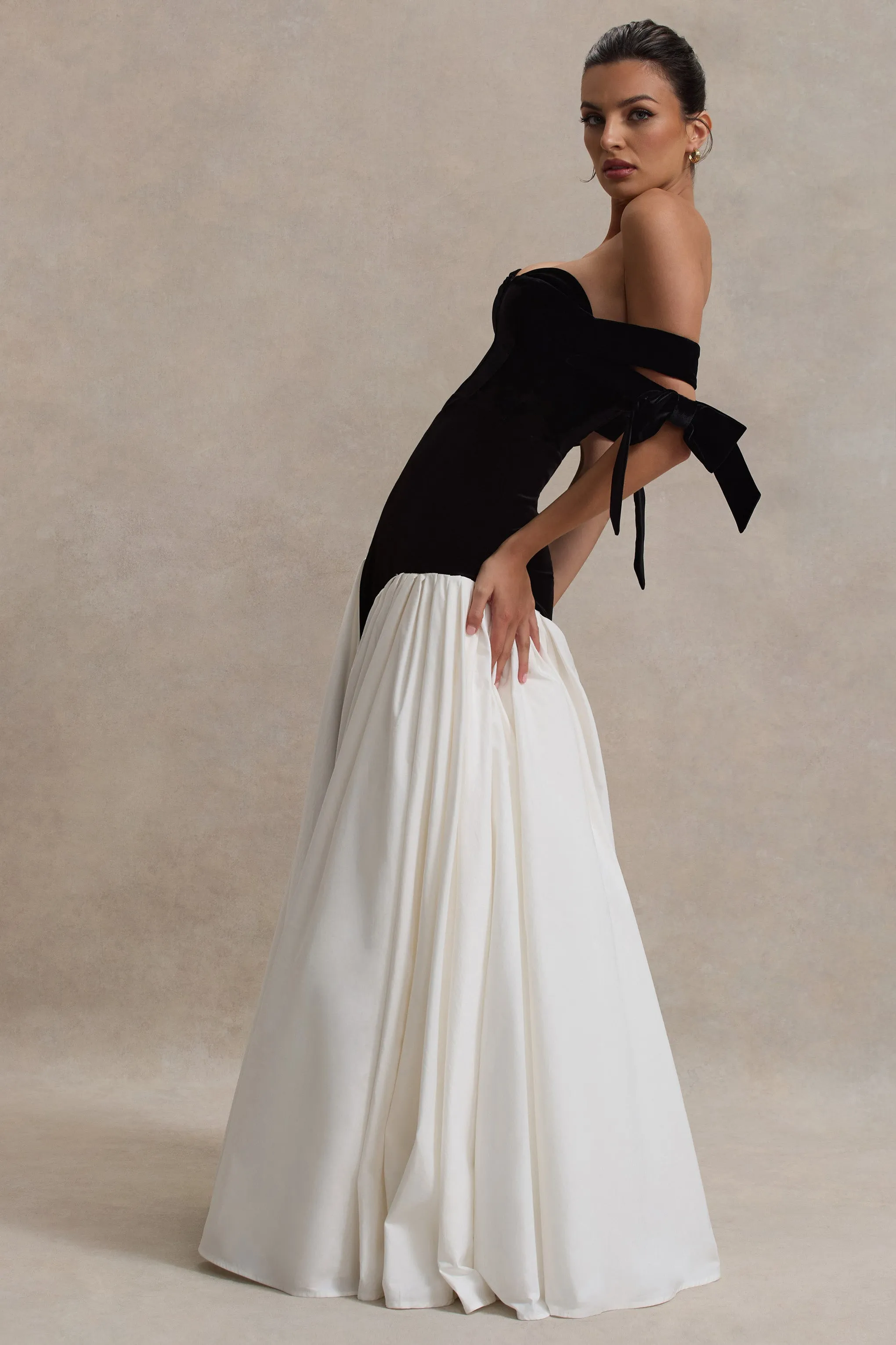 Cyndi | Black & Cream Velvet Bardot Maxi Dress With Volume Skirt