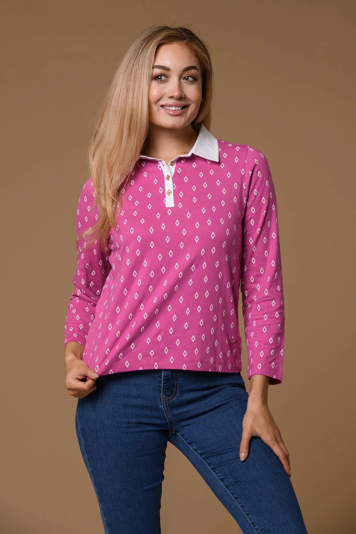 Diamond Print Collar Tee- Pink