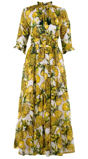 Eden Dress Crew Neck 3/4 Sleeve with Hamilton Belt Maxi  3 Length Linen (Pineapple Tree Big)