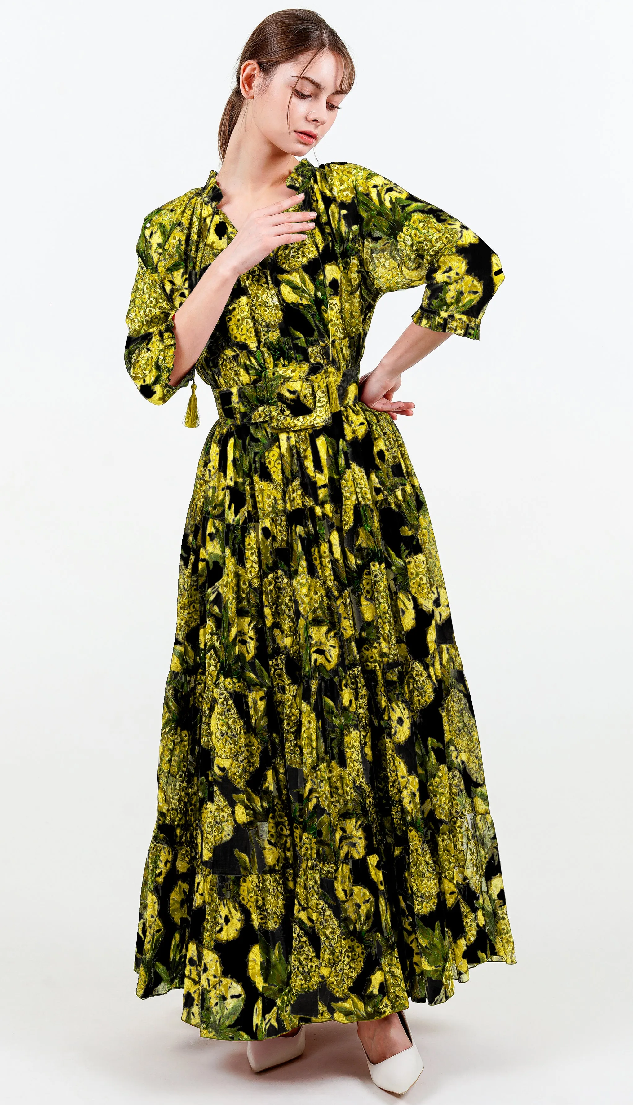 Eden Dress Crew Neck 3/4 Sleeve with Hamilton Belt Maxi Length Cotton Musola (Pineapple Tree Big)