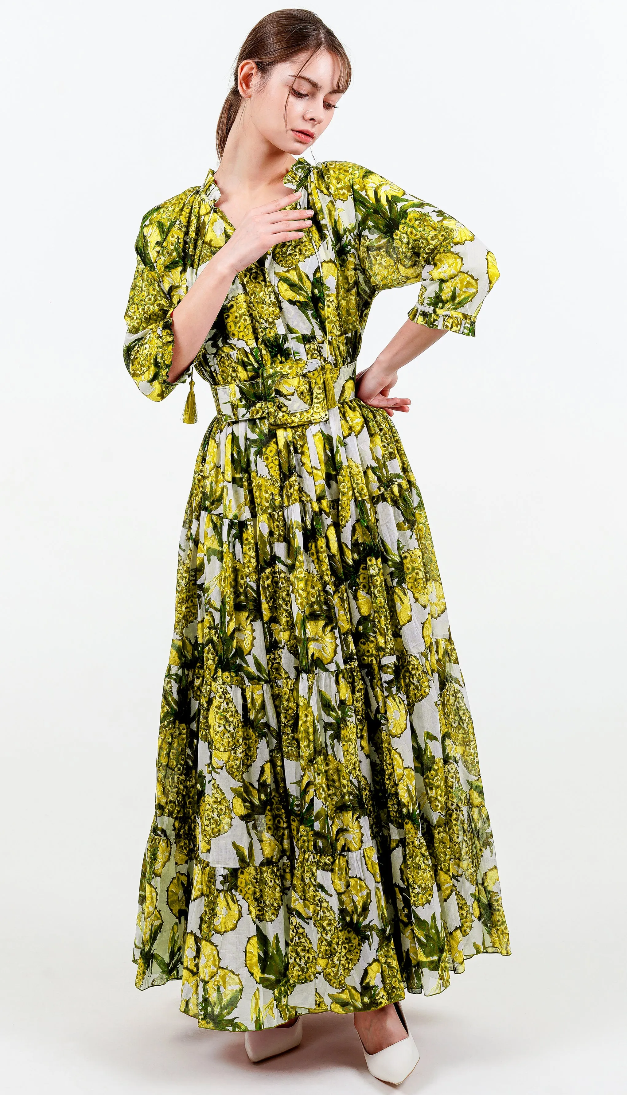 Eden Dress Crew Neck 3/4 Sleeve with Hamilton Belt Maxi Length Cotton Musola (Pineapple Tree Big)