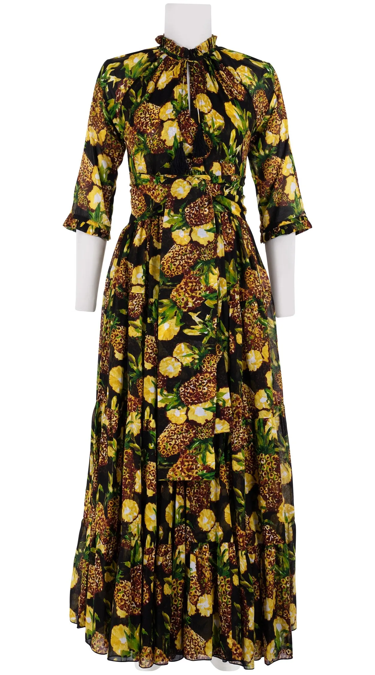 Eden Dress Crew Neck 3/4 Sleeve with Hamilton Belt Maxi Length Cotton Musola (Pineapple Tree Small)