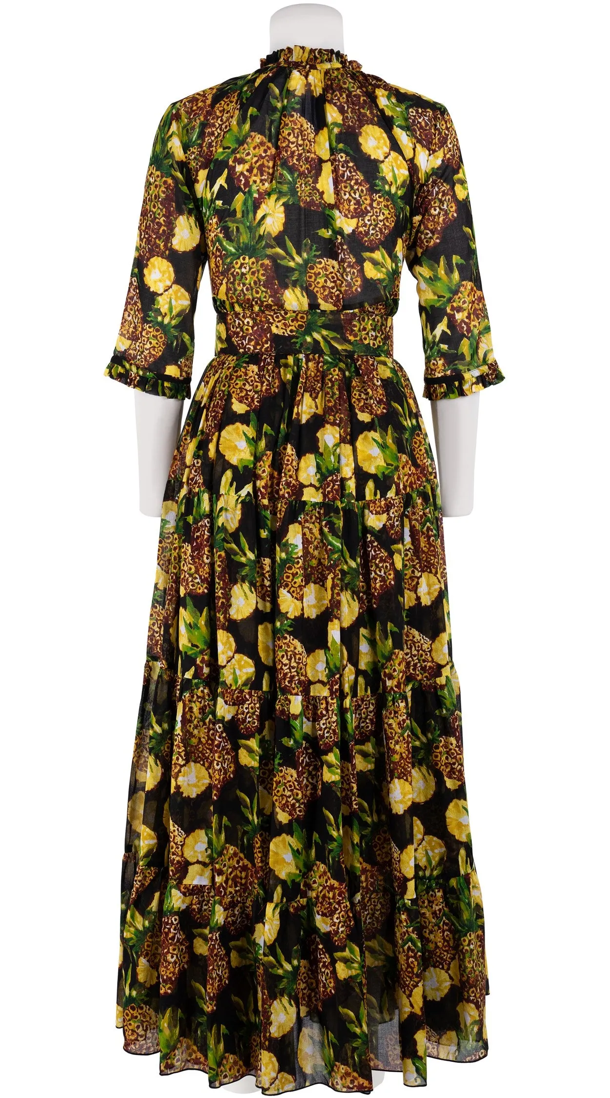 Eden Dress Crew Neck 3/4 Sleeve with Hamilton Belt Maxi Length Cotton Musola (Pineapple Tree Small)