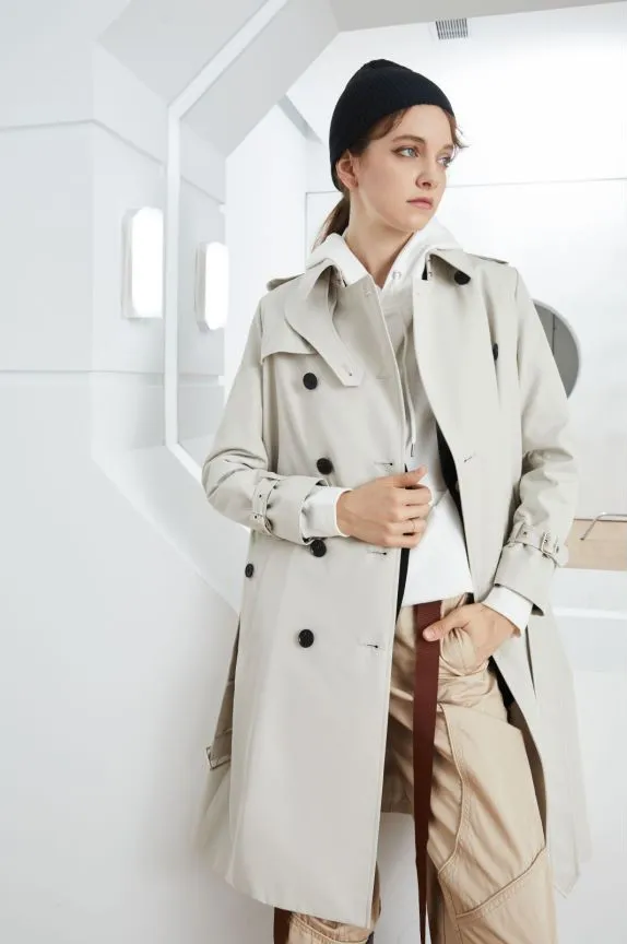 Element Autumn Winter Khaki Mid Length Trench Coat Slim Fit Slimming Elegant Trench Coat Women