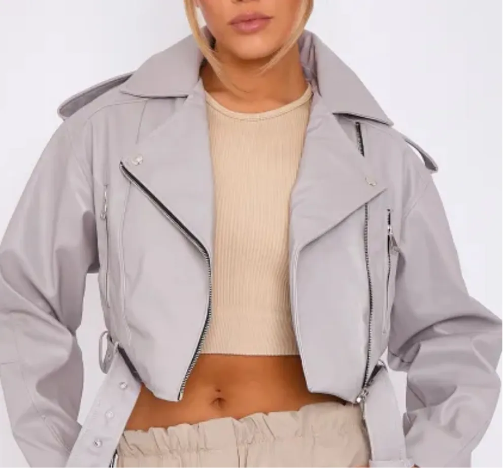 Elena Faux Leather Belted Cropped Biker Jacket