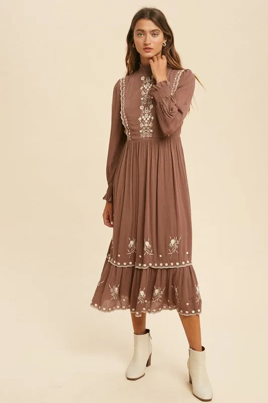 EMBROIDERED FOLKLORE MOCK NECK MIDI DRESS