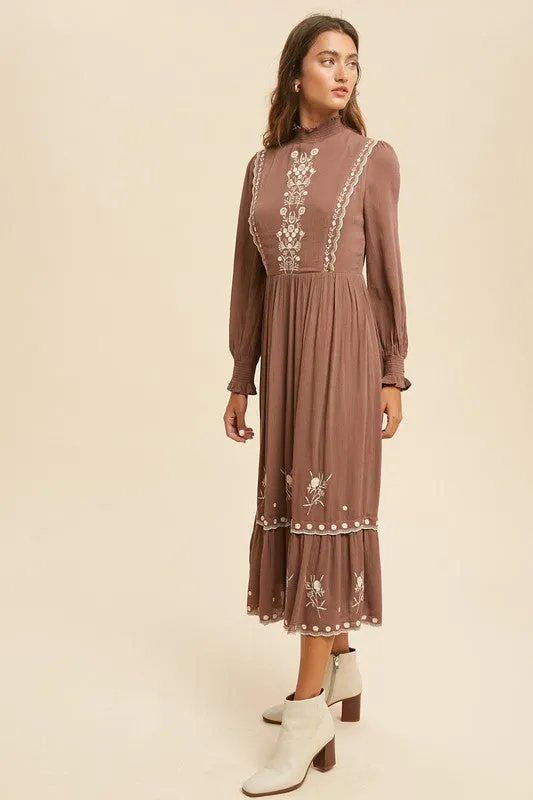 EMBROIDERED FOLKLORE MOCK NECK MIDI DRESS