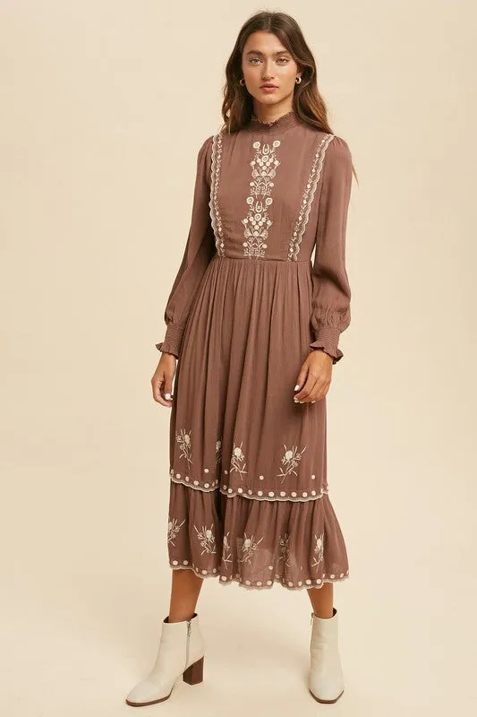 EMBROIDERED FOLKLORE MOCK NECK MIDI DRESS