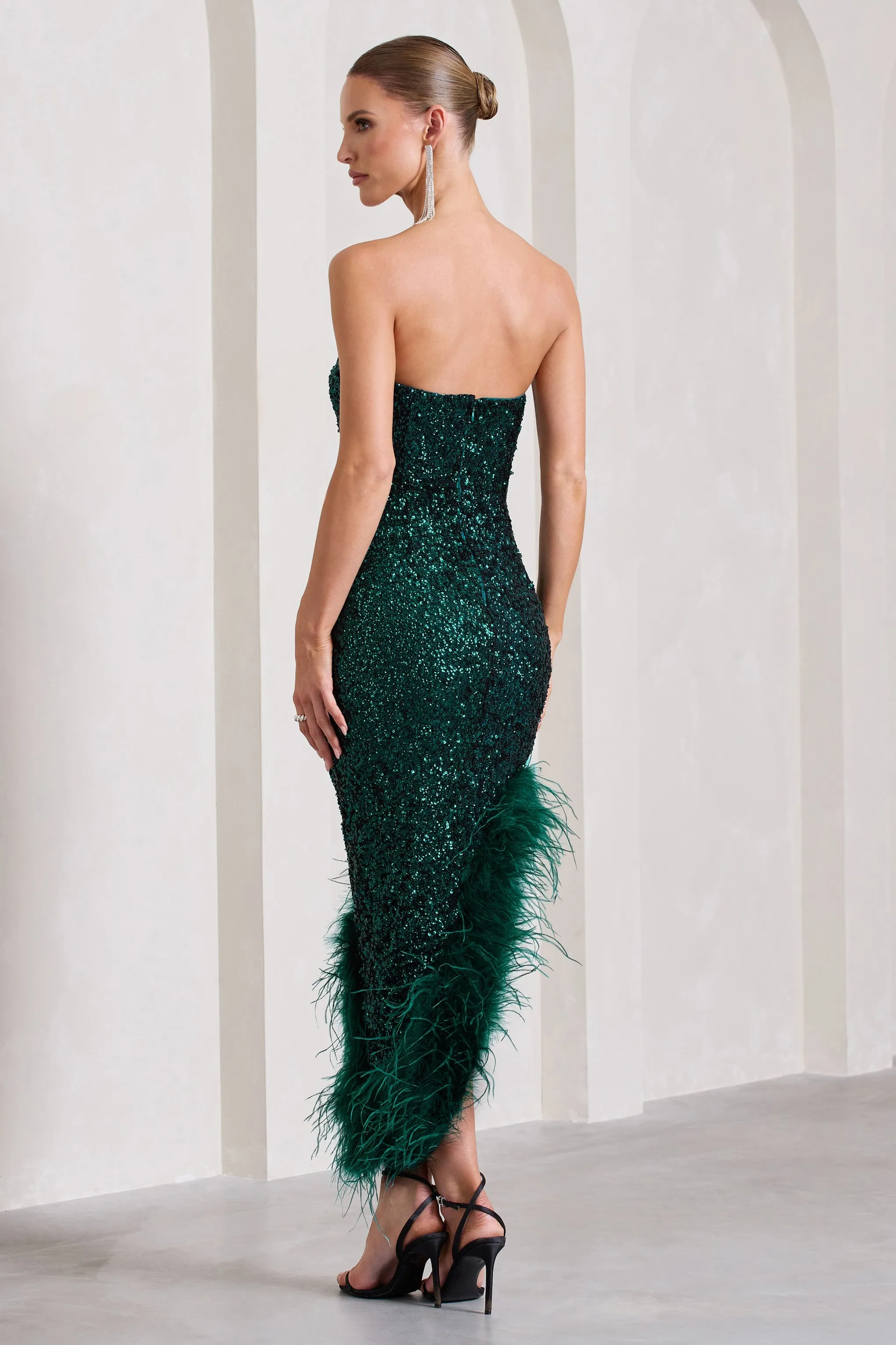 Emulate | Bottle Green Sequin Asymmetric Bandeau Maxi Dress With Feathers