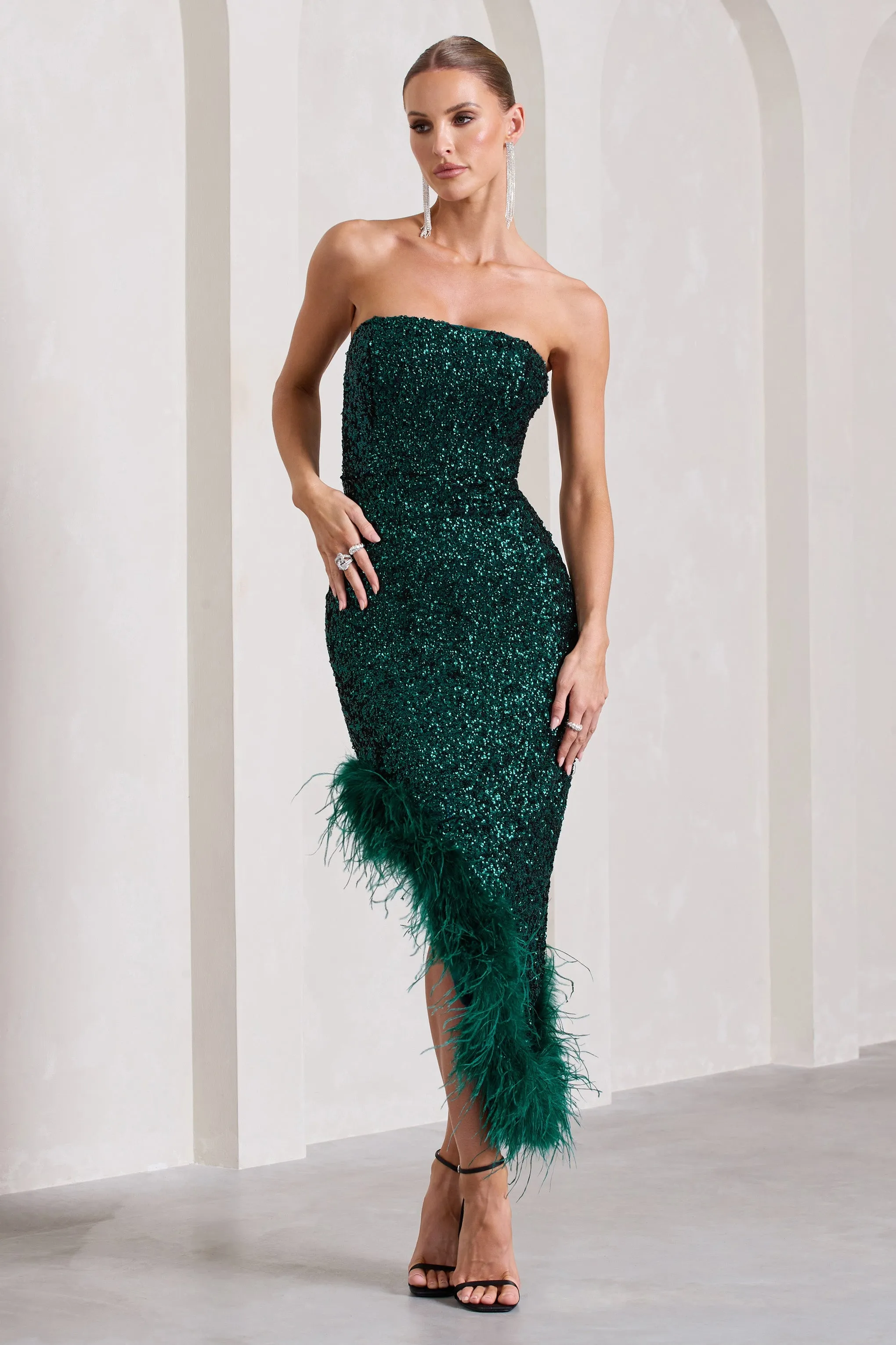 Emulate | Bottle Green Sequin Asymmetric Bandeau Maxi Dress With Feathers