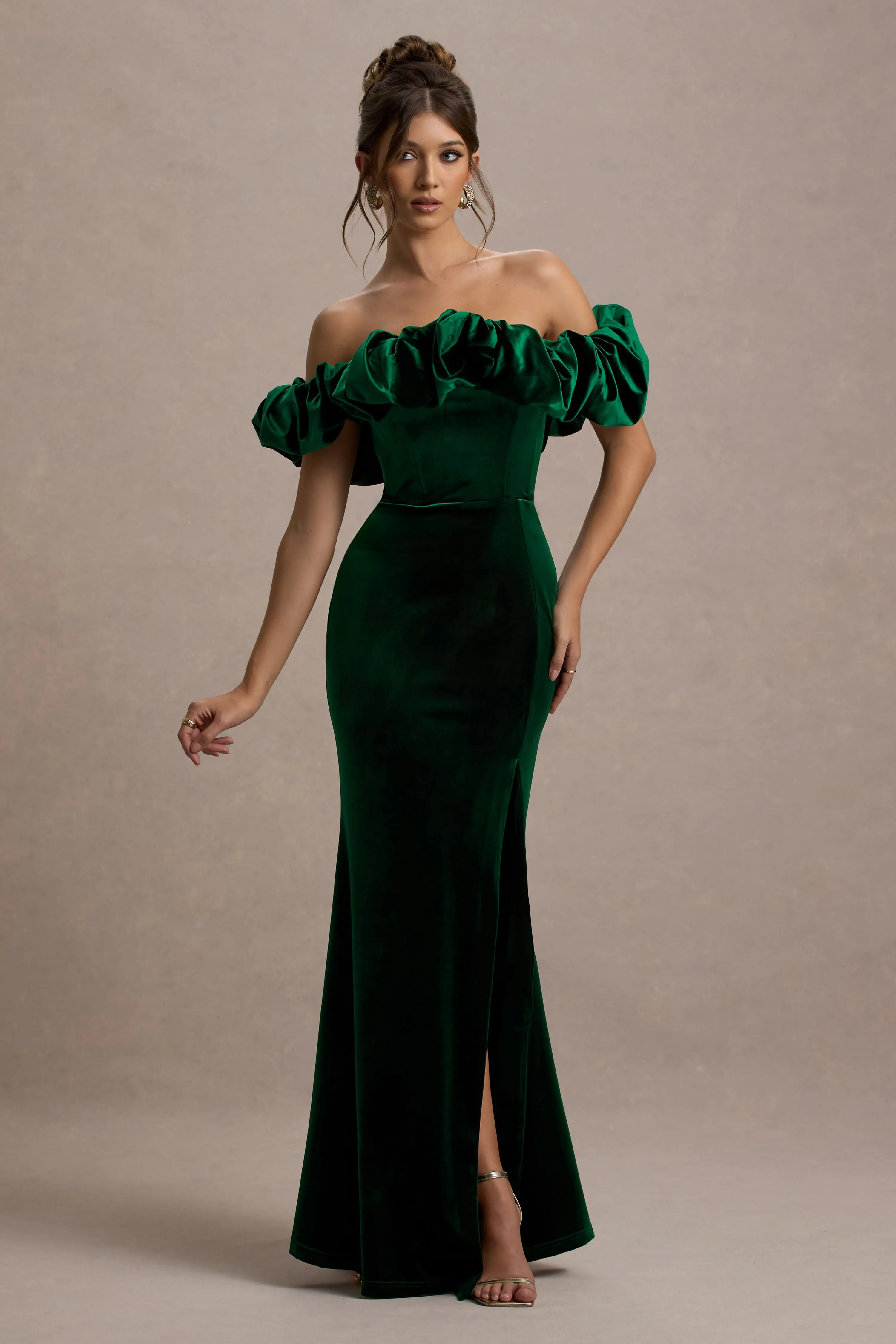 Esmeralda | Bottle Green Velvet Structured Ruffled Bardot Maxi Dress