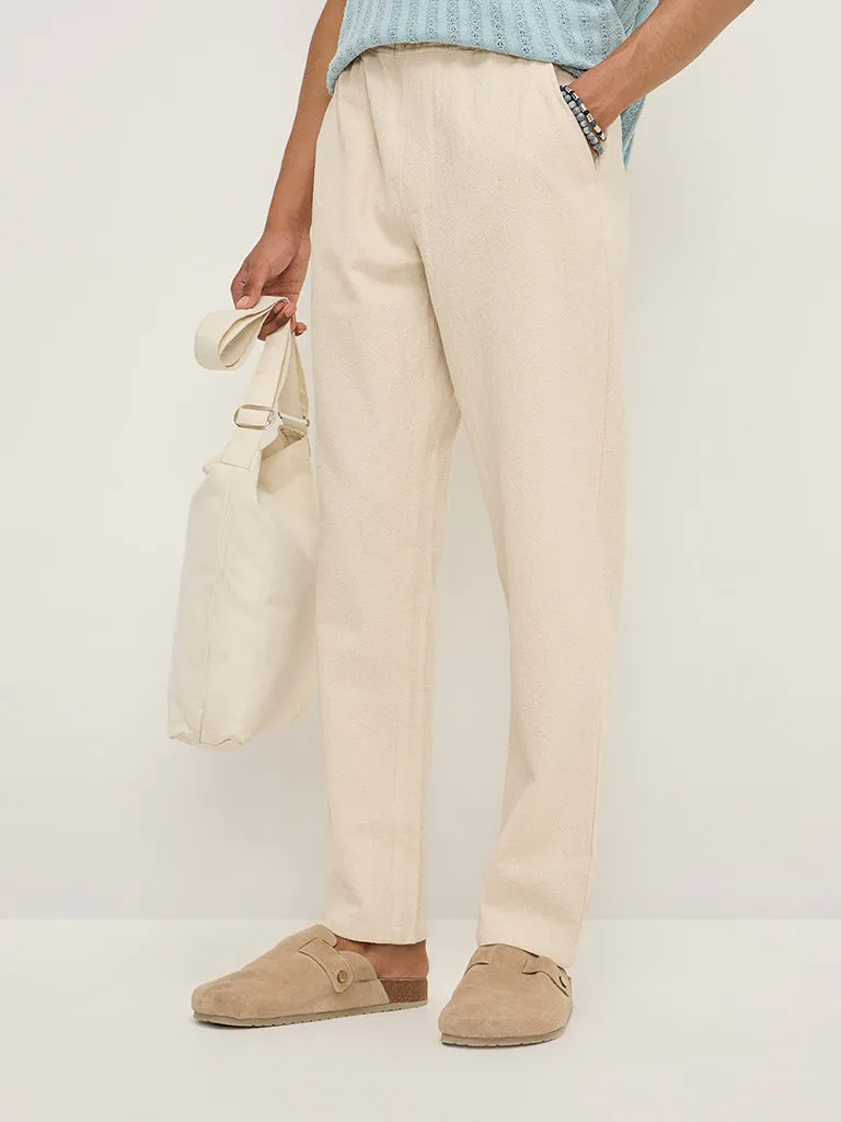 ETA Beige Self-Textured Relaxed-Fit Mid-Rise Cotton Chinos