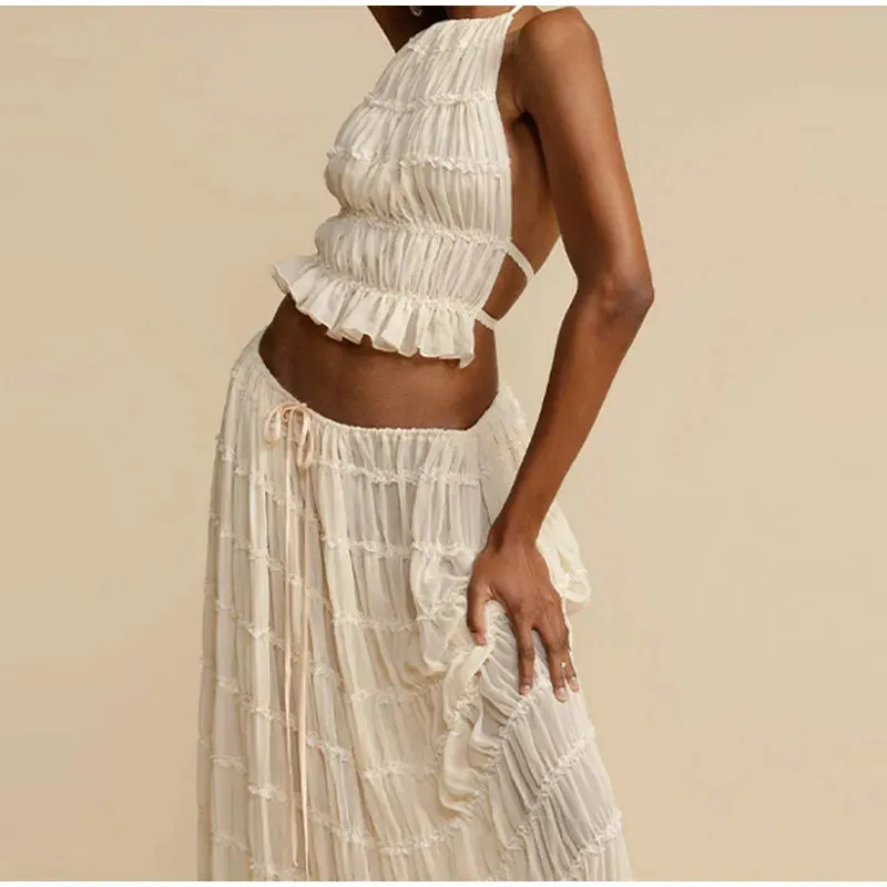 Fashion Solid Hang Neck Long Skirt Suit Women Backless Sling Top Lace Up Fold Maxi Skirts 2024 Spring Summer Female 2 Piece Set