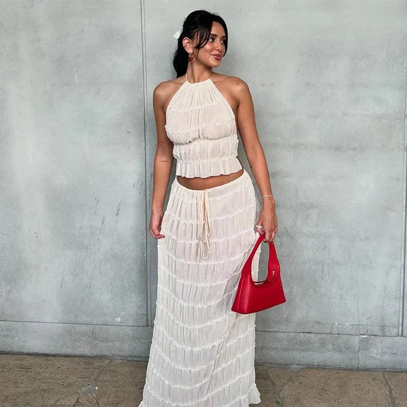 Fashion Solid Hang Neck Long Skirt Suit Women Backless Sling Top Lace Up Fold Maxi Skirts 2024 Spring Summer Female 2 Piece Set