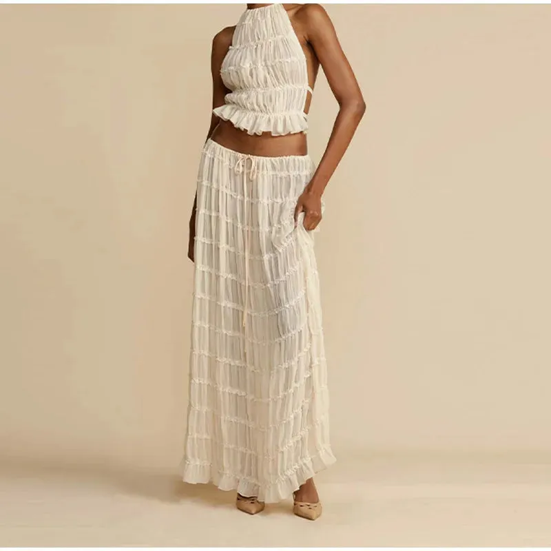 Fashion Solid Hang Neck Long Skirt Suit Women Backless Sling Top Lace Up Fold Maxi Skirts 2024 Spring Summer Female 2 Piece Set