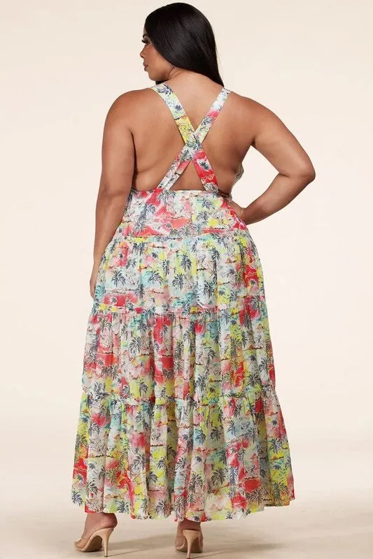 Final Sale Plus Size Chiffon Maxi Dress with Open Criss Cross Back in Soft Floral Print