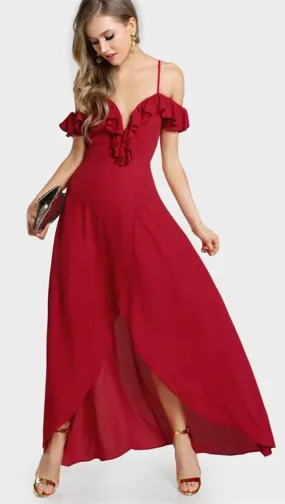 Gabriella Cold Shoulder Flutter Sleeve Wrap Maxi Lipstick