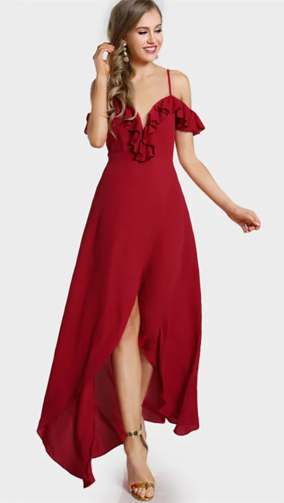 Gabriella Cold Shoulder Flutter Sleeve Wrap Maxi Lipstick