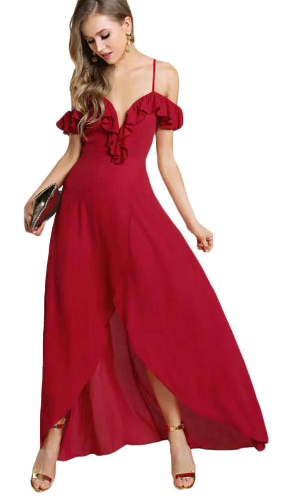 Gabriella Cold Shoulder Flutter Sleeve Wrap Maxi Lipstick