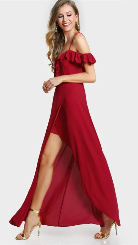 Gabriella Cold Shoulder Flutter Sleeve Wrap Maxi Lipstick