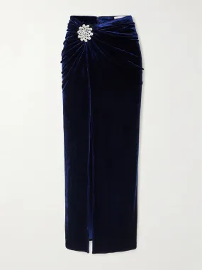 Gathered crystal-embellished velvet maxi skirt