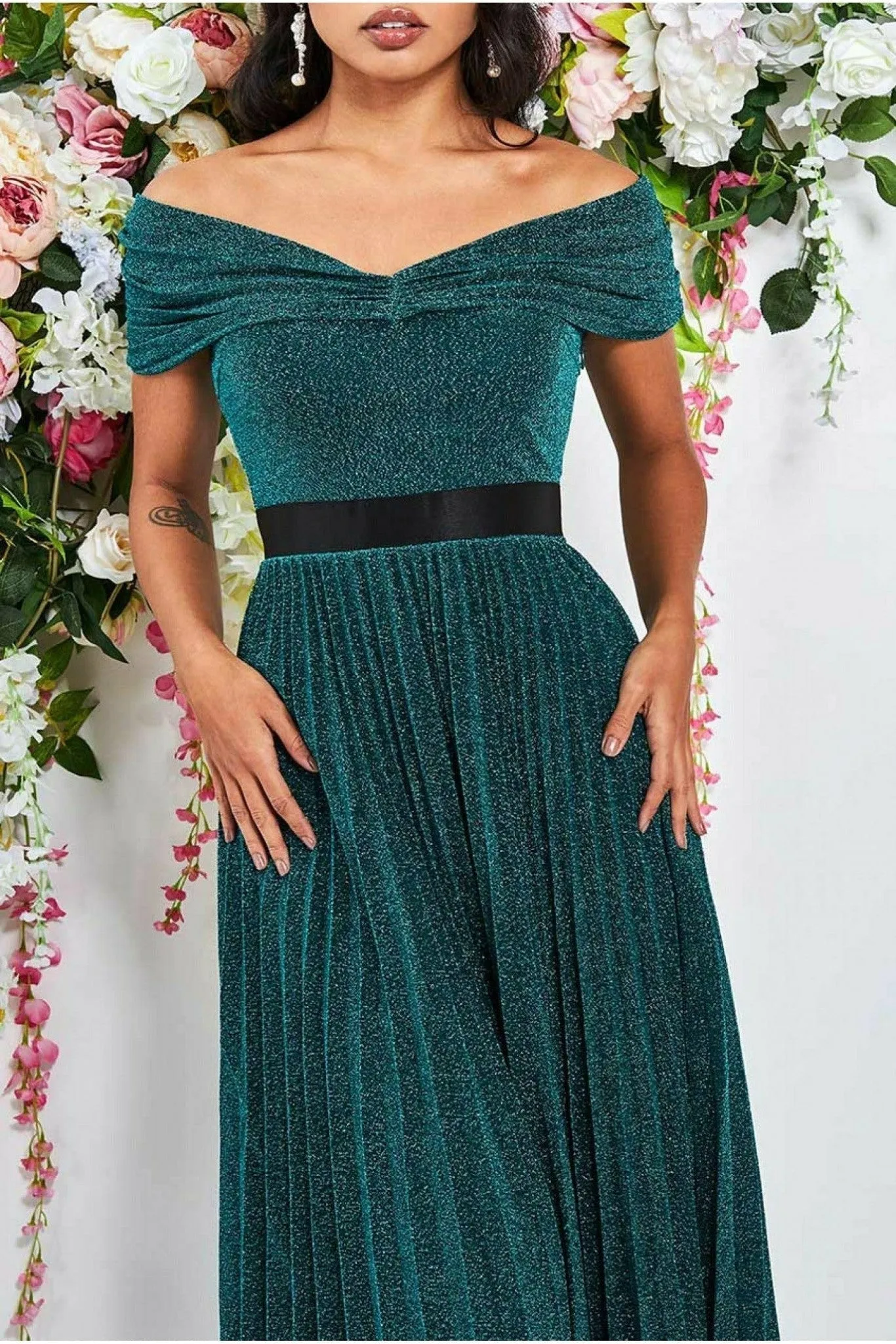 Goddiva Bardot Pleated Skirt Maxi Dress - Emerald