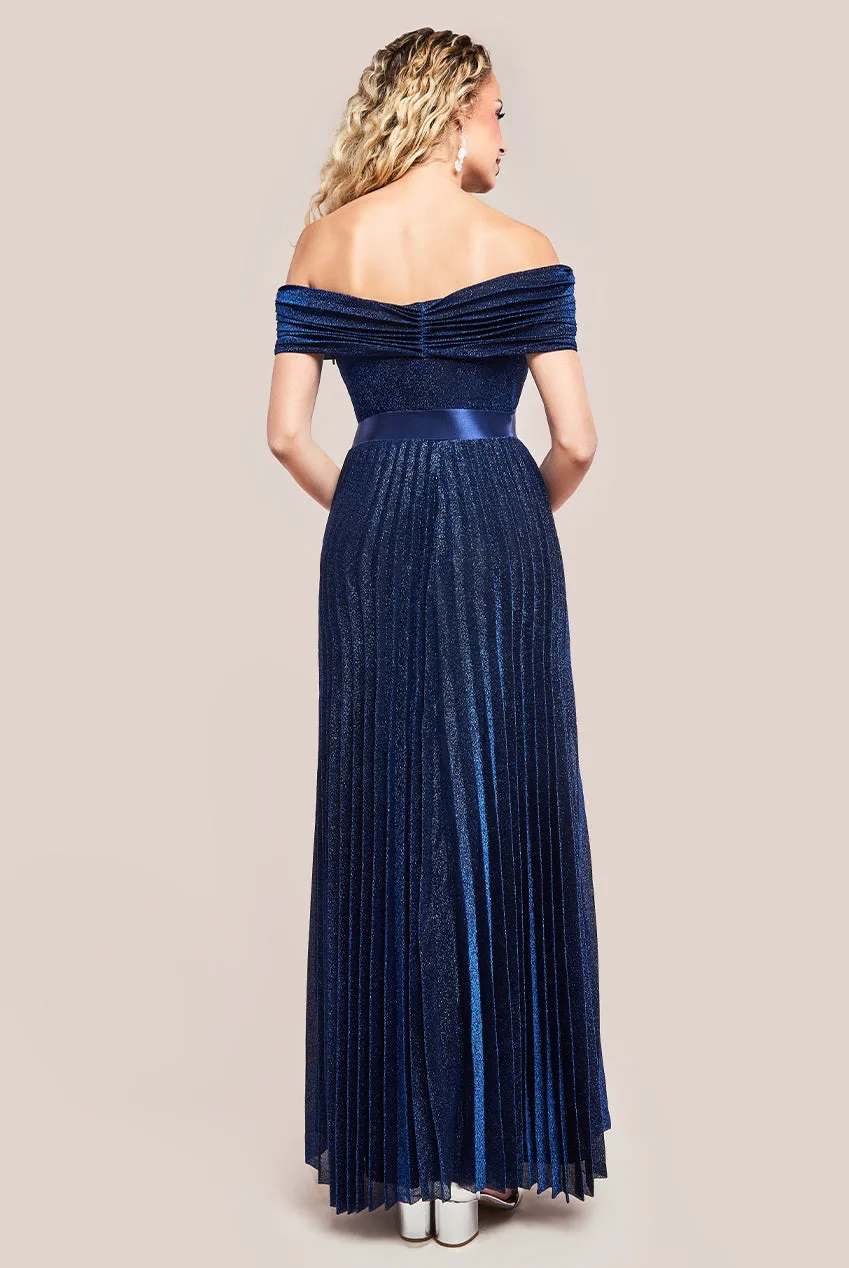 Goddiva Bardot Pleated Skirt Maxi Dress - Navy